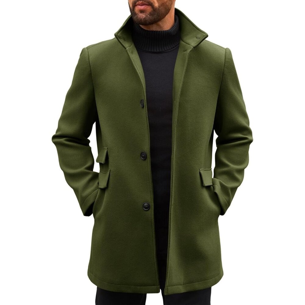 Men Green Pea Coats Single Breasted Stand Collar Casual Slim Fit Trench Coat